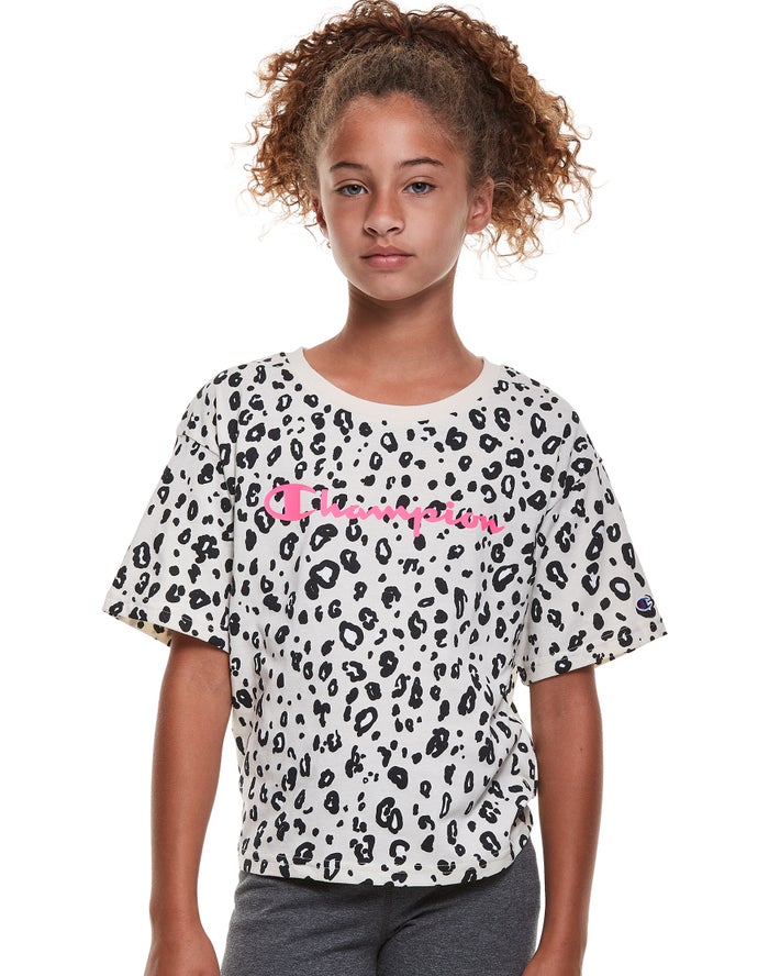 Champion Girls T-Shirt NZ - Boxy Leopard Print Black/White ( 1625-PKUXH )